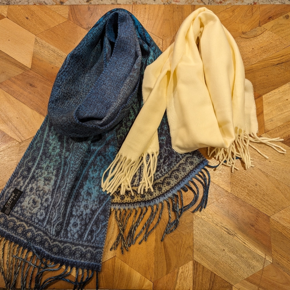 2 FRAAS Cashmink Women's scarves Blue Paisley Print & Cashmink solid cream NWOT